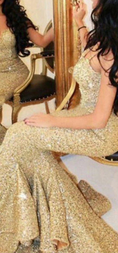 Sparkly Spaghetti Straps Mermaid Side Slit Gold Prom Dress Online, OL263