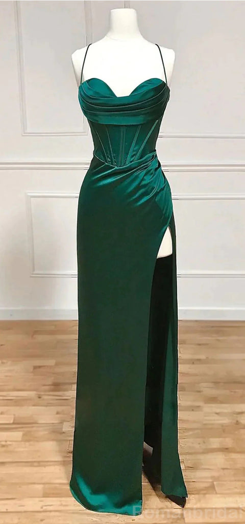 Sexy Spaghetti Straps Mermaid Side Slit Dark Green Long Evening Prom Dress Online, OL137