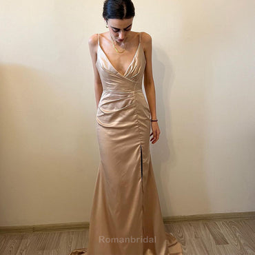 Simple Spaghetti Straps V-neck Mermaid Side Slit Taupe Satin Bridesmaid Dresses, BG484