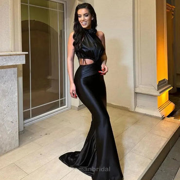 Sexy Halter Mermaid Long Satin Black Bridesmaid Dresses, BG520