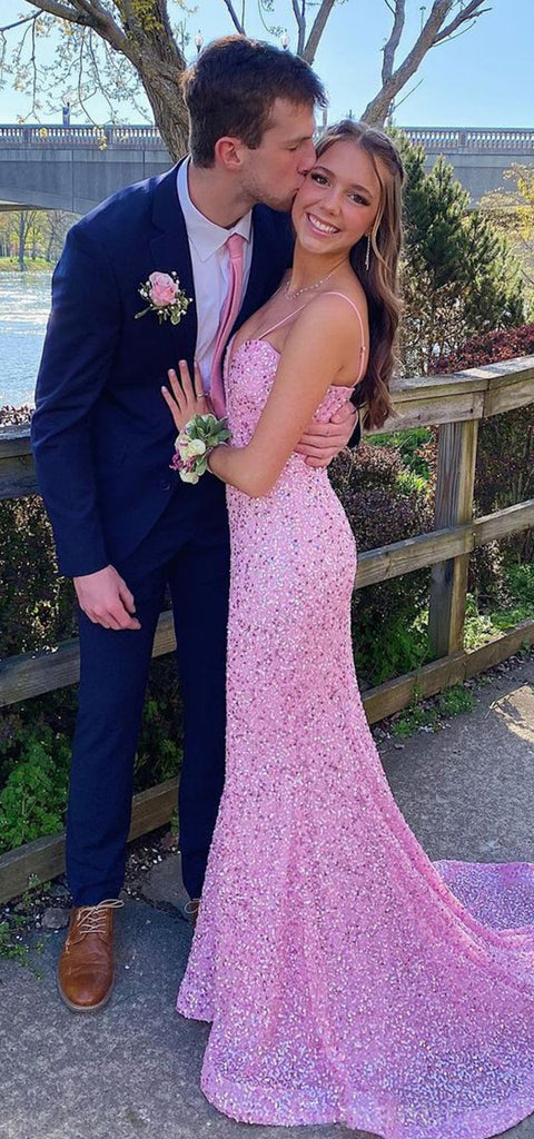 Sexy Spaghetti Straps V-neck Mermaid Pink Sequins Long Evening Prom Dress Online, OL138