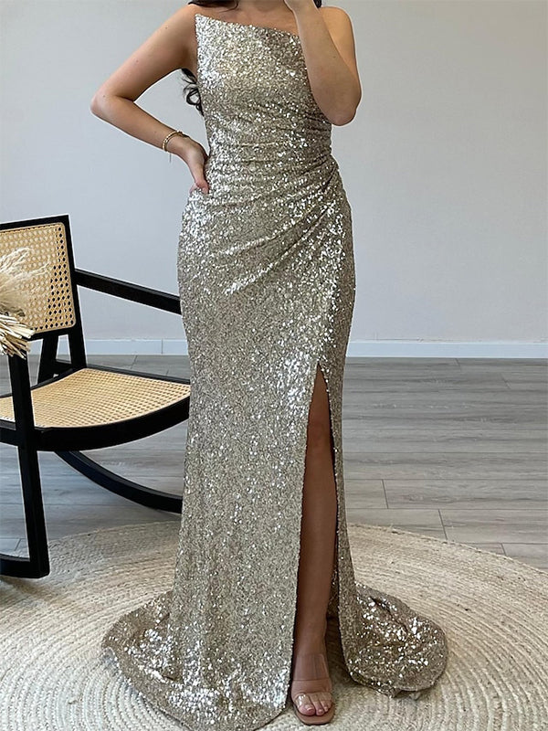 Sparkly Sleeveless Mermaid Side Slit Ivory Long Prom Dress Online, OL271