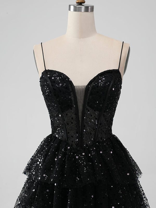 Sparkly Spaghetti Straps V-neck A-line Black Sequins Homecoming Dresses Online, HD0742