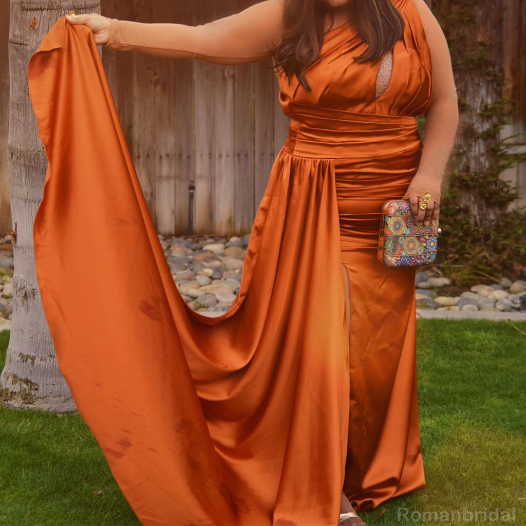 Elegant One Shoulder Mermaid Burnt Orange Bridesmaid Dresses with Trailing, BG419