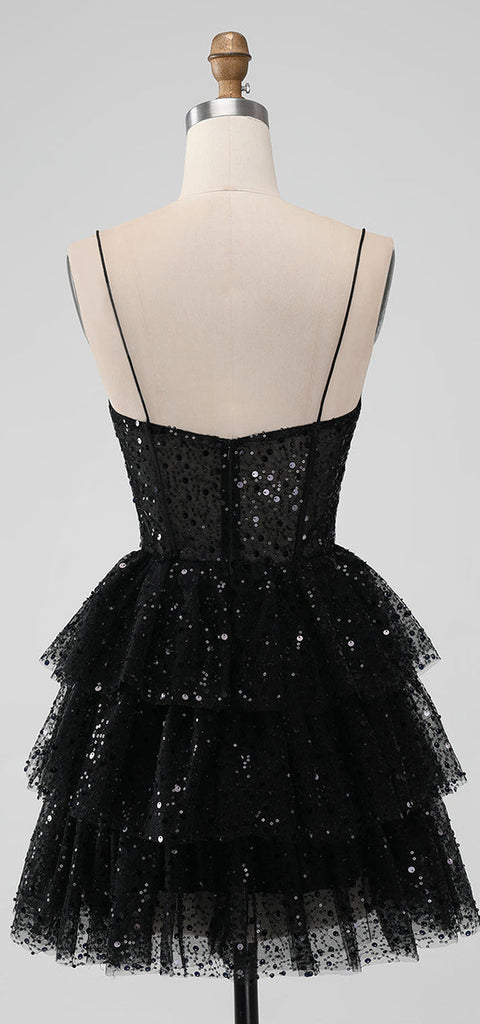 Sparkly Spaghetti Straps V-neck A-line Black Sequins Homecoming Dresses Online, HD0742