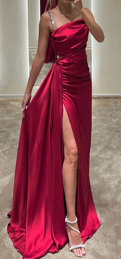 Elegant Spaghetti Straps Mermaid Side Slit Red Satin Bridesmaid Dresses with Trailing, BG573