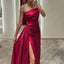 Elegant Spaghetti Straps Mermaid Side Slit Red Satin Bridesmaid Dresses with Trailing, BG573