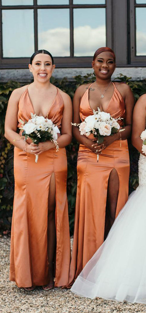 Sexy Spaghetti Straps Side Slit V-neck Mermaid Satin Sunset Long Bridesmaid Dresses Online, BG748