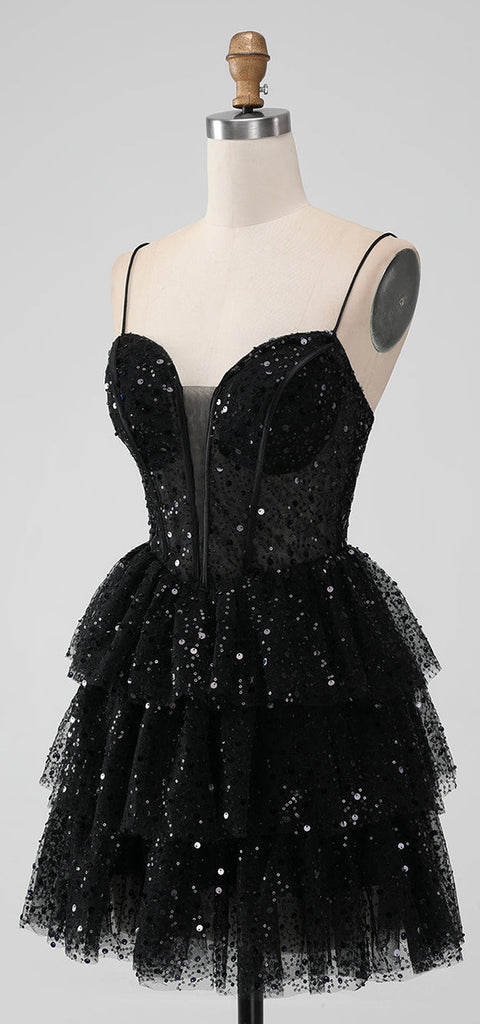 Sparkly Spaghetti Straps V-neck A-line Black Sequins Homecoming Dresses Online, HD0742