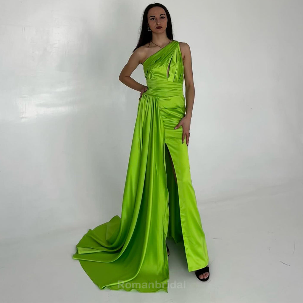Elegant One Shoulder Mermaid Side Slit Lime Green Satin Bridesmaid Dresses with Trailing, BG485