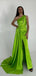 Elegant One Shoulder Mermaid Side Slit Lime Green Satin Bridesmaid Dresses with Trailing, BG485