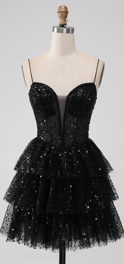 Sparkly Spaghetti Straps V-neck A-line Black Sequins Homecoming Dresses Online, HD0742