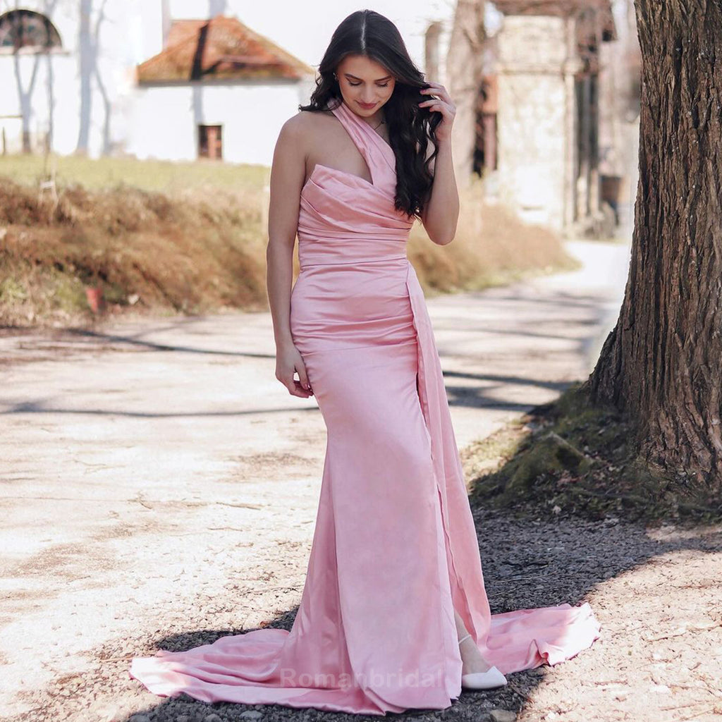 Elegant One Shoulder Mermaid Pearl Pink Long Satin Bridesmaid Dresses Online, BG472