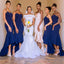 Simple Spaghetti Straps Mermaid Royal Blue Tea Length Jersey Bridesmaid Dresses Online, BG499