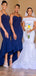Simple Spaghetti Straps Mermaid Royal Blue Tea Length Jersey Bridesmaid Dresses Online, BG499