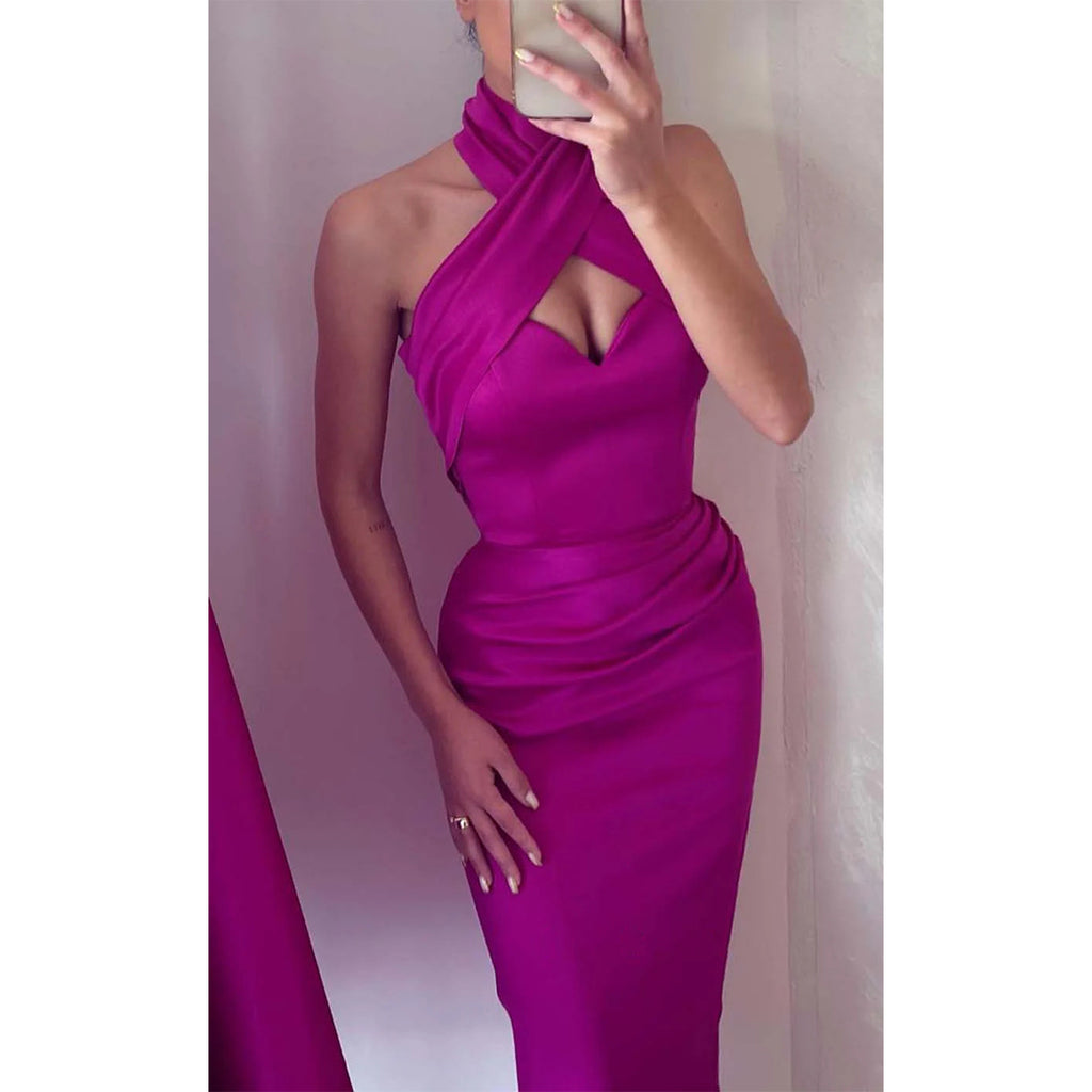 Elegant Satin Halter Sleeveless Mermaid Long Bridesmaid Dresses Online, BG635