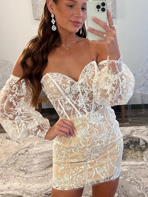 Elegant V-neck Mermaid Long Sleeves Applique White Homecoming Dresses Online, HD0780