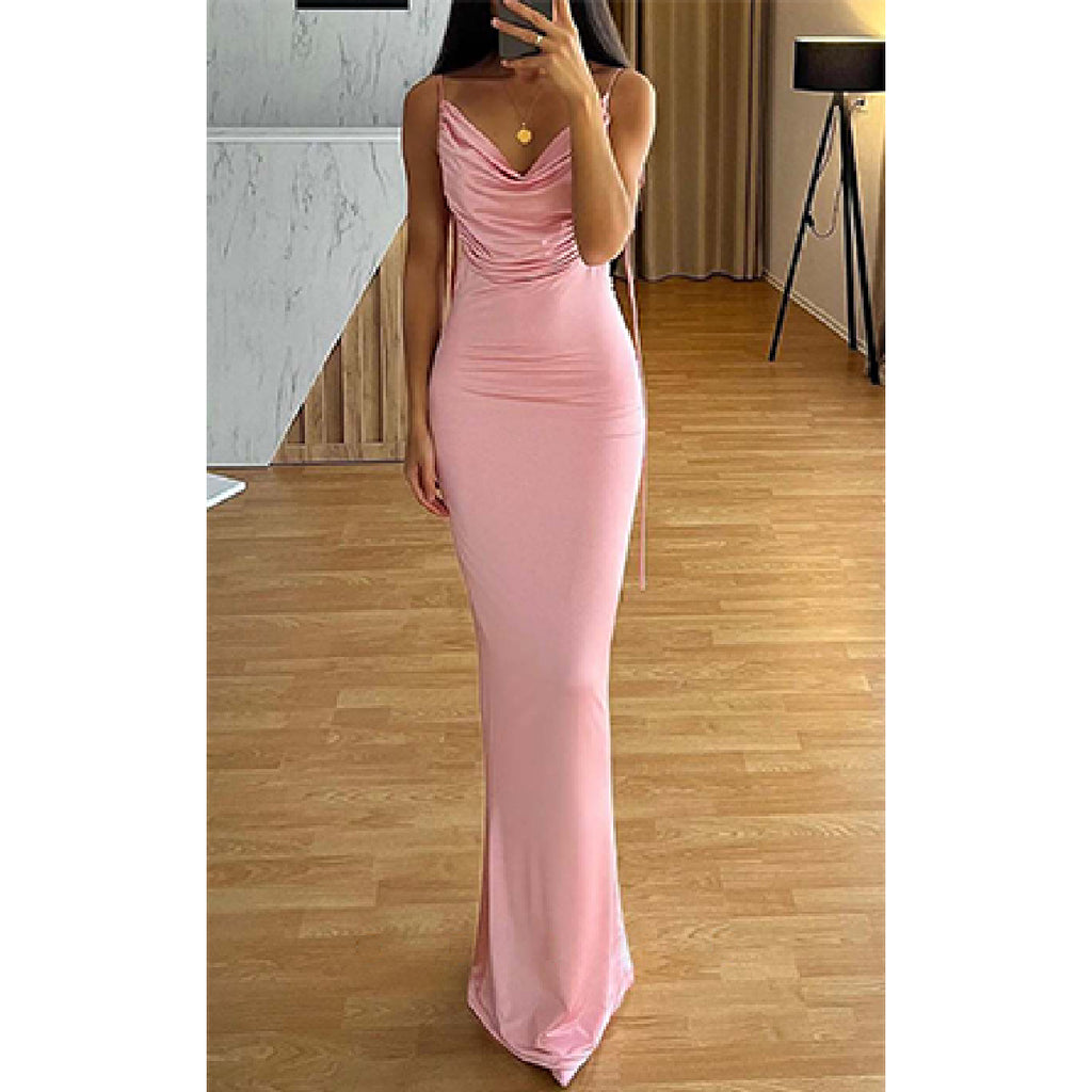 Elegant Spaghetti Straps V-neck Mermaid Satin Pearl Pink Long Bridesmaid Dresses Online, BG658