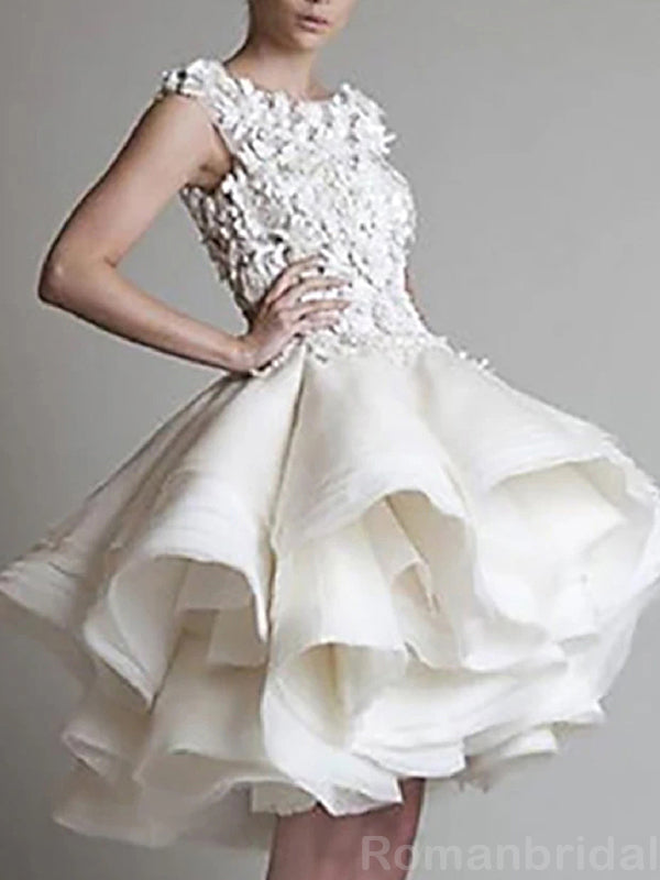 Elegant A-line Jewel Tulle Applique Ivory Short Homecoming Dresses Online, HD0662