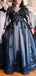 Elegant Long Sleeves V-neck Black Tulle A-line Evening Prom Dress with Side Slit, OL194