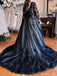 Elegant Long Sleeves V-neck Black Tulle A-line Evening Prom Dress with Side Slit, OL194