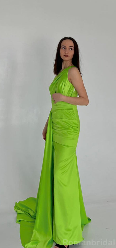 Elegant One Shoulder Mermaid Side Slit Lime Green Satin Bridesmaid Dresses with Trailing, BG485