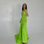 Elegant One Shoulder Mermaid Side Slit Lime Green Satin Bridesmaid Dresses with Trailing, BG485