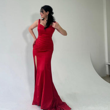 Elegant Straps Mermaid Side Slit Long Red Satin Bridesmaid Dresses Online, BG422
