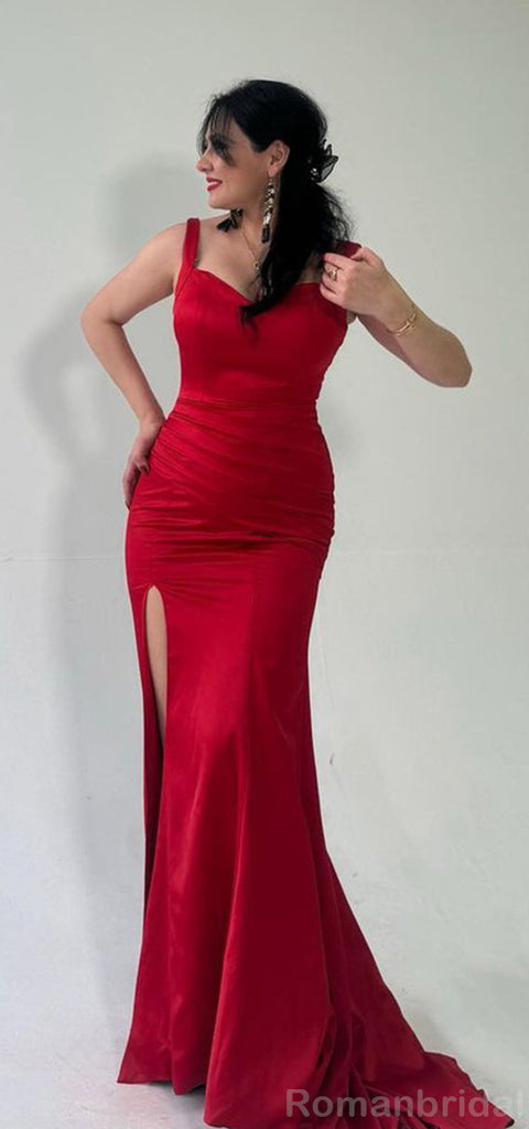 Elegant Straps Mermaid Side Slit Long Red Satin Bridesmaid Dresses Online, BG422