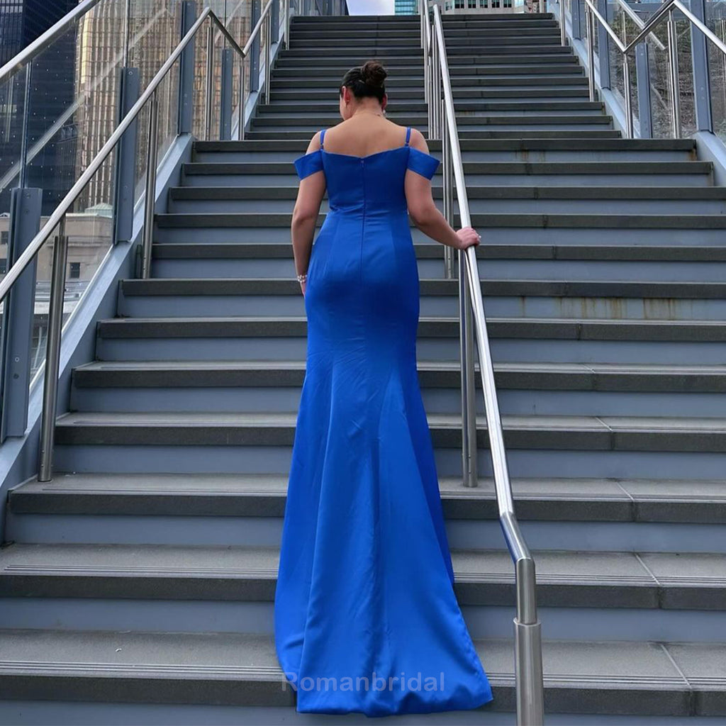 Elegant Spaghetti Straps Off the Shoulder Mermaid V-neck Royal Blue Long Satin Bridesmaid Dresses Online, BG474