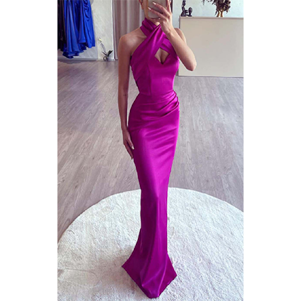 Elegant Satin Halter Sleeveless Mermaid Long Bridesmaid Dresses Online, BG635