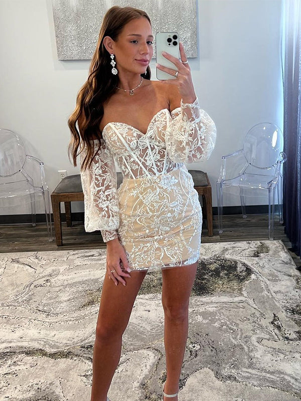 Elegant V-neck Mermaid Long Sleeves Applique White Homecoming Dresses Online, HD0780