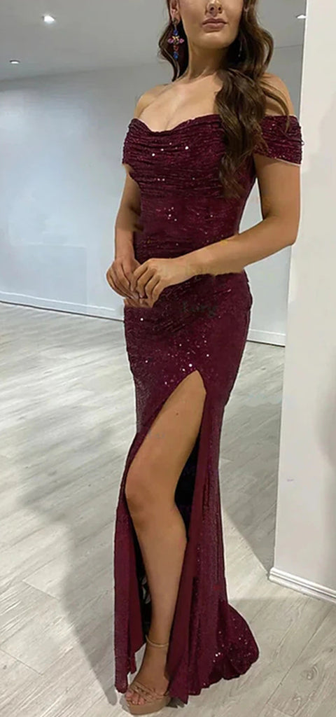 Elegant Off Shoulder Mermaid Side Slit Sequins Cabernet Long Prom Dress Online, OL246