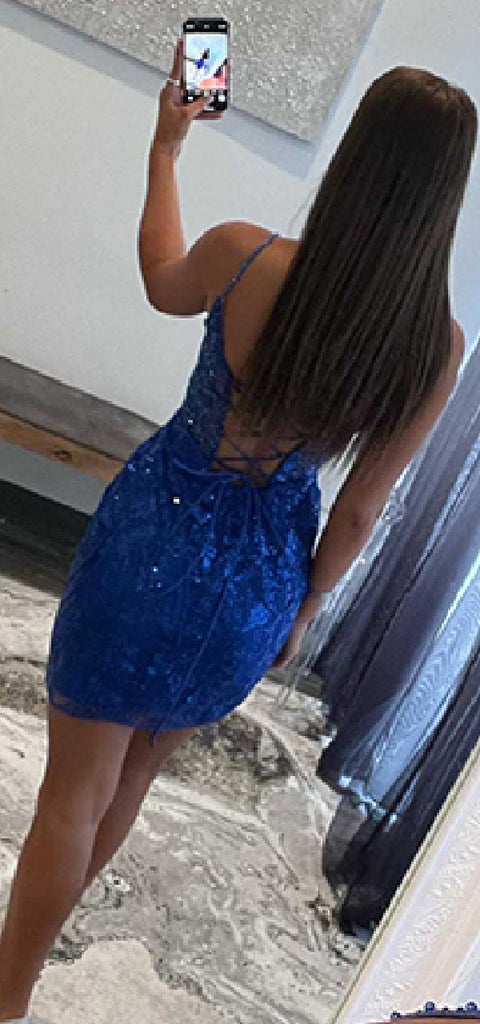 Elegant Spaghetti Straps Mermaid Tulle Applique Royal Blue Short Homecoming Dresses Online, HD0656