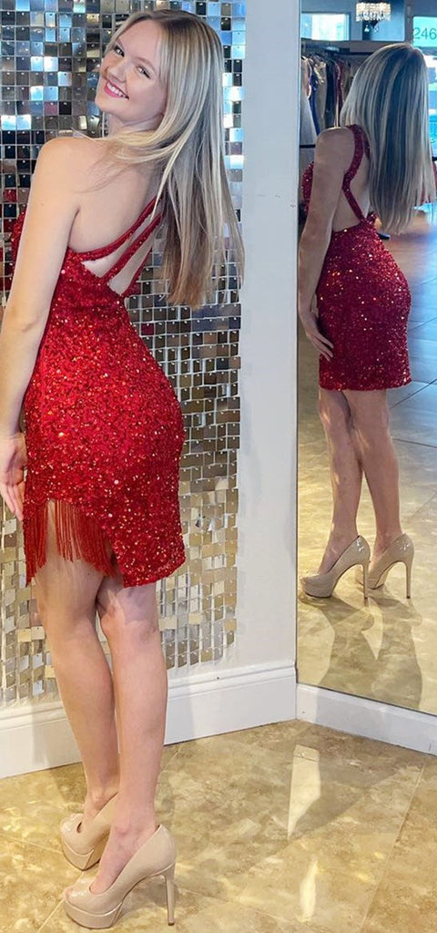 Elegant One Shoulder Mermaid Sequins Red Short Homecoming Dresses Online, HD0785