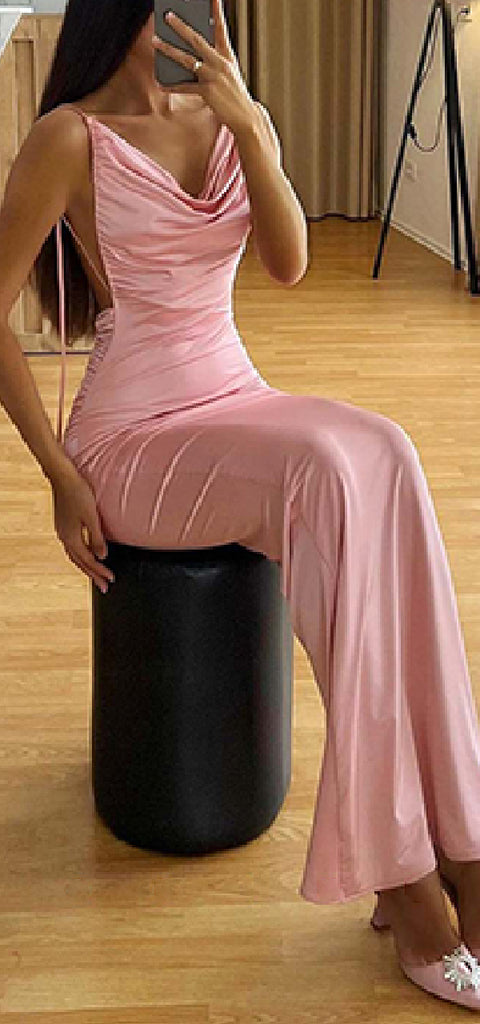 Elegant Spaghetti Straps V-neck Mermaid Satin Pearl Pink Long Bridesmaid Dresses Online, BG658