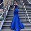 Elegant Spaghetti Straps Off the Shoulder Mermaid V-neck Royal Blue Long Satin Bridesmaid Dresses Online, BG474