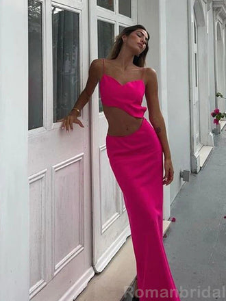 Elegant Spaghetti Straps Mermaid Two Pieces Fuchsia Long Evening Prom Dress, OL118