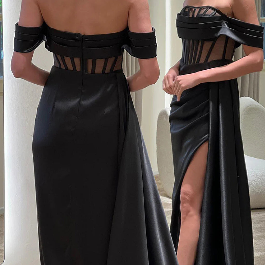 Elegant Off Shoulder Side Slit Black Satin Bridesmaid Dresses with Trailing, BG574