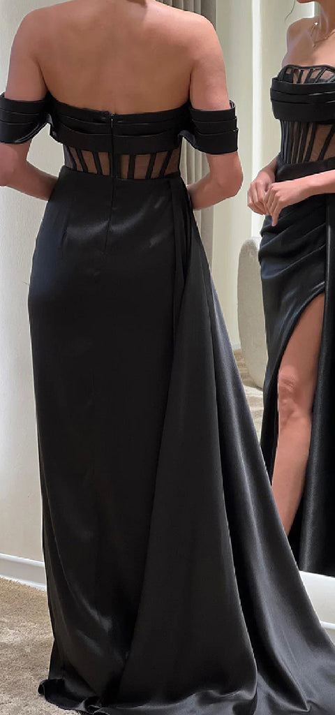 Elegant Off Shoulder Side Slit Black Satin Bridesmaid Dresses with Trailing, BG574