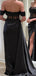 Elegant Off Shoulder Side Slit Black Satin Bridesmaid Dresses with Trailing, BG574