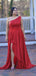 Elegant One Shoulder A-line Side Slit Red Satin Bridesmaid Dresses Online, BG486
