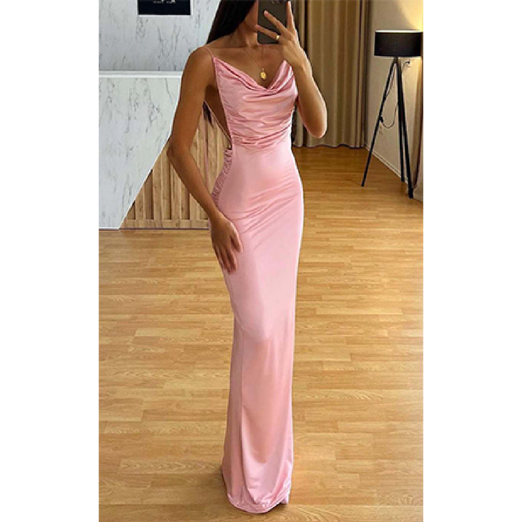 Elegant Spaghetti Straps V-neck Mermaid Satin Pearl Pink Long Bridesmaid Dresses Online, BG658