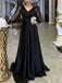 Elegant Long Sleeves V-neck A-line Satin Black Long Prom Dress Online, OL272