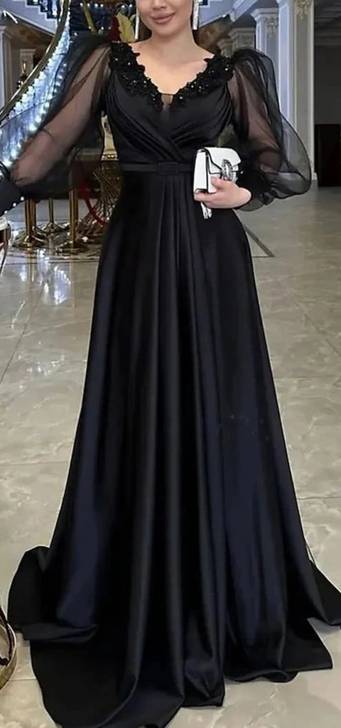 Elegant Long Sleeves V-neck A-line Satin Black Long Prom Dress Online, OL272