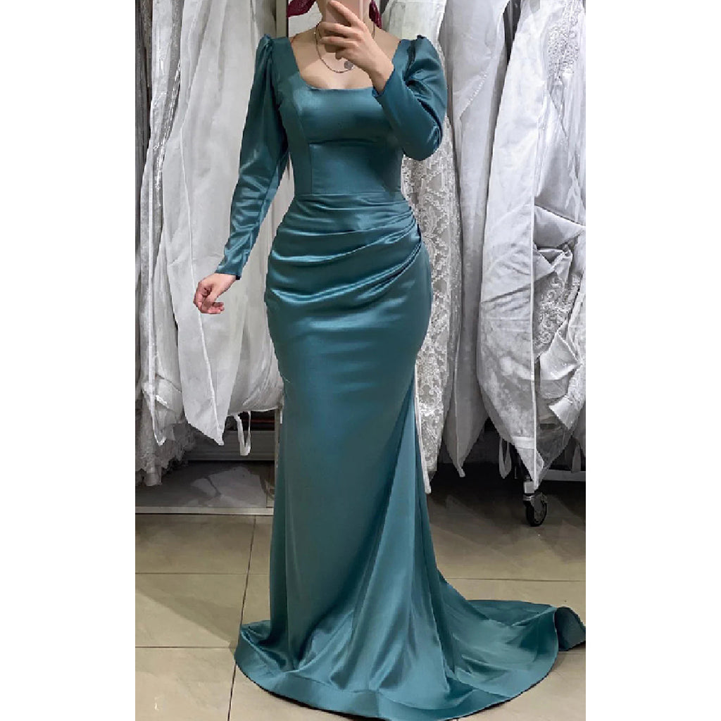 Elegant Long Sleeves Mermaid Satin Long Bridesmaid Dresses with Trailing, BG611