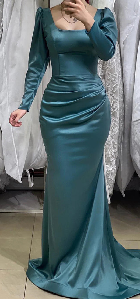 Elegant Long Sleeves Mermaid Satin Long Bridesmaid Dresses with Trailing, BG611