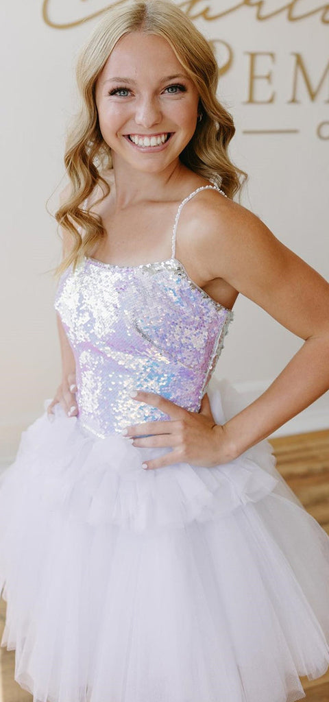 Sparkly Spaghetti Straps A-line Tulle Short Homecoming Dresses Online, HD0764