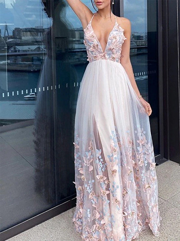 Elegant Spaghetti Straps V-neck A-line Tulle Long Prom Dress Online, OL256