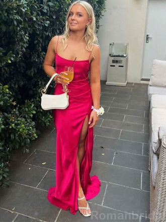 Elegant Spaghetti Straps Mermaid Fuchsia Long Evening Prom Dress, OL119